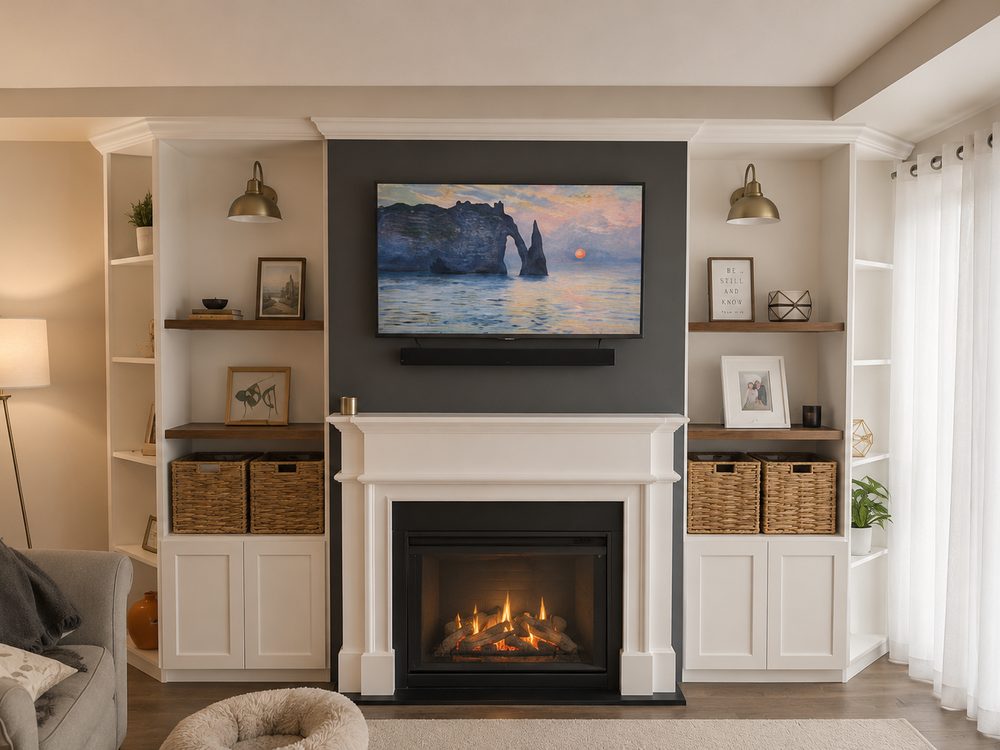 TV mounted over a fireplace in St. Louis Park